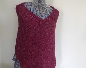 Hand Knit Burgundy Merino Wool Poncho – Boho Style Mother Day Gift
