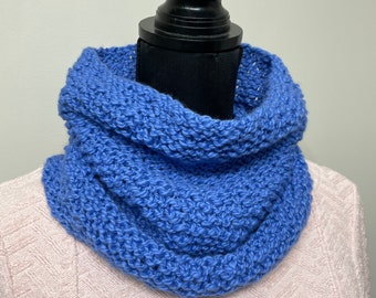 Unisex hand knit cowl- blue knit neck warmer- eco organic cotton cowl - very soft scarf - knitted neck warmer- Infinity scarf