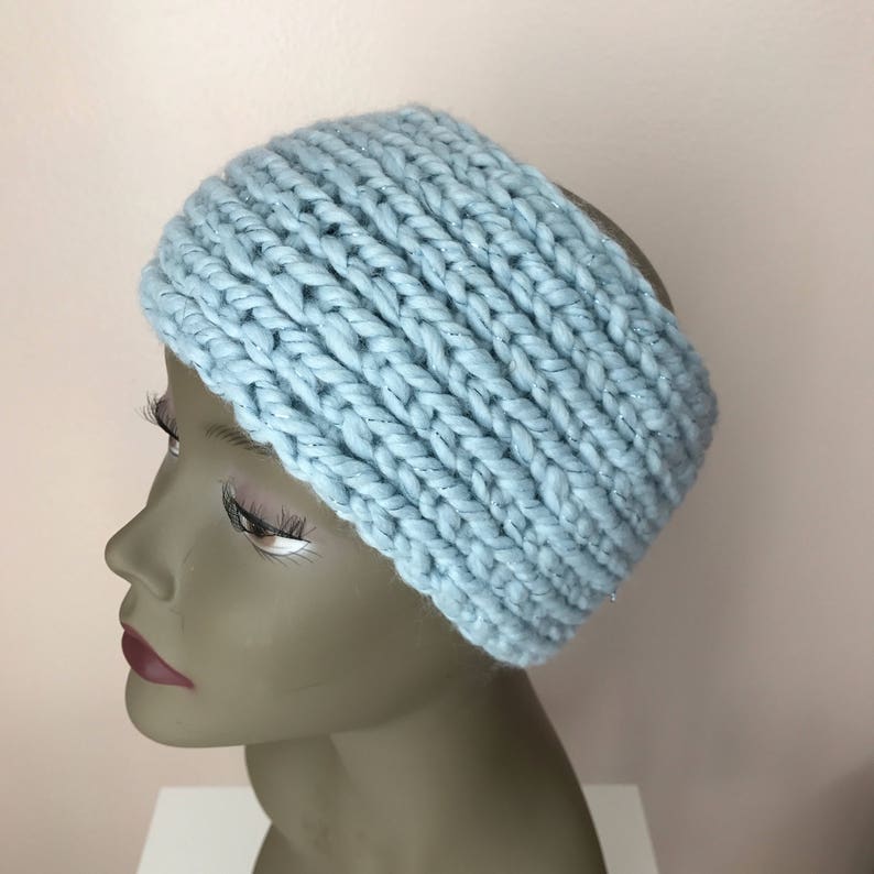 Light Blue Sparkle Head Warmer Women Ear Warmer Hand Knit Headband Chunky Headband Hand Knit Head Warmer Women Head Warmer