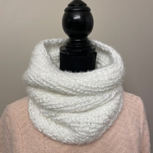 Fuzzy knit neck warmer - winter white scarf - hand knit infinity scarf- women white neck warmer- knitted infinity scarf - Infinity scarf