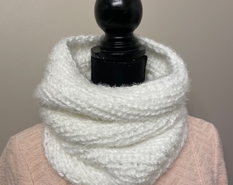 Fuzzy knit neck warmer - winter white scarf - hand knit infinity scarf- women white neck warmer- knitted infinity scarf - Infinity scarf