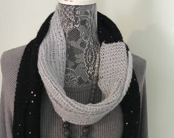 Mohair Knit Infinity Scarf - Long Infinity Scarf - Knit Infinity Scarf -Black Grey Scarf -Grey Scarf with Sequins - Gift for Mother Sister