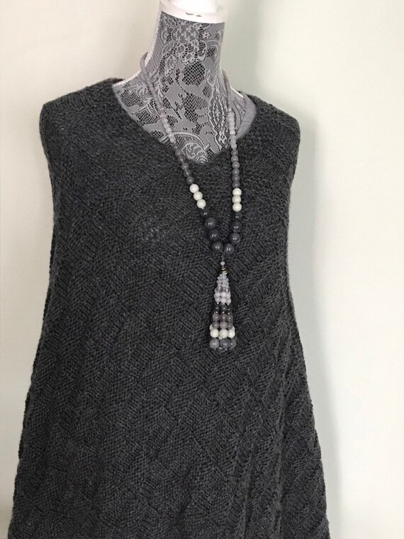 Hand Knit 100% Wool Boho Poncho – Warm Winter Layer, Grey Brown OS