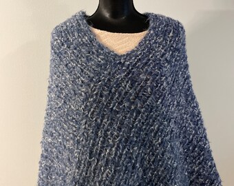 Hand Knit Blue Mohair Blend Poncho – Lightweight Boho Sweater, XL/1X