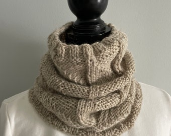 Wool hand knit cowl- unisex knit neck warmer - oatmeal color neck warmer- winter cowl - women hand knit neck warmer- Christmas gift
