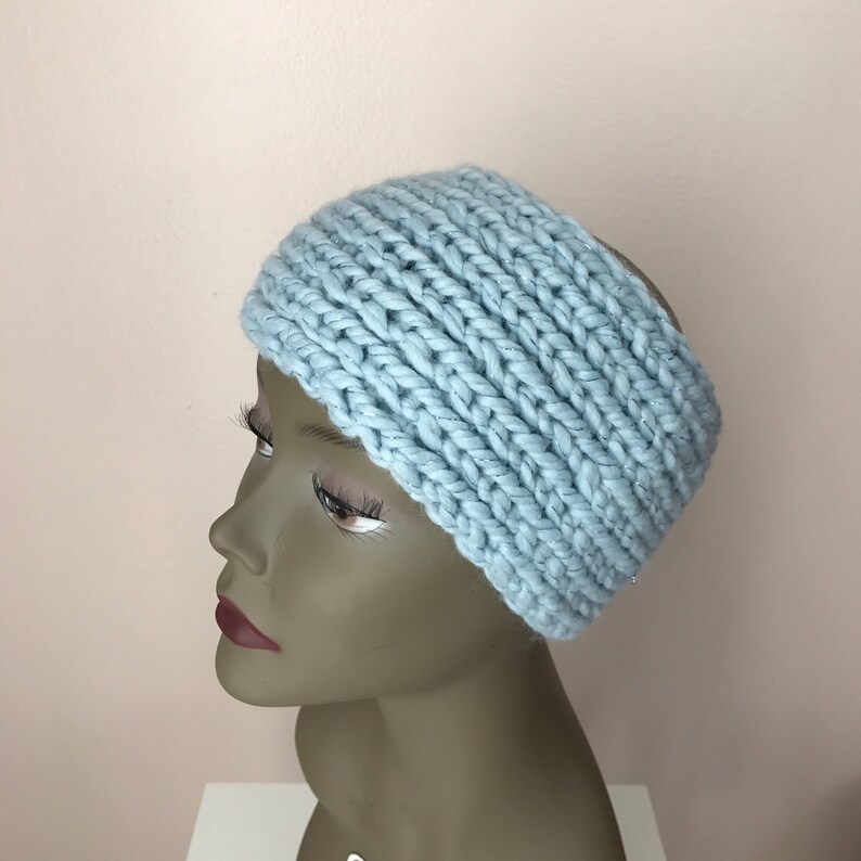 Light Blue Sparkle Head Warmer Women Ear Warmer Hand Knit Headband Chunky Headband Hand Knit Head Warmer Women Head Warmer