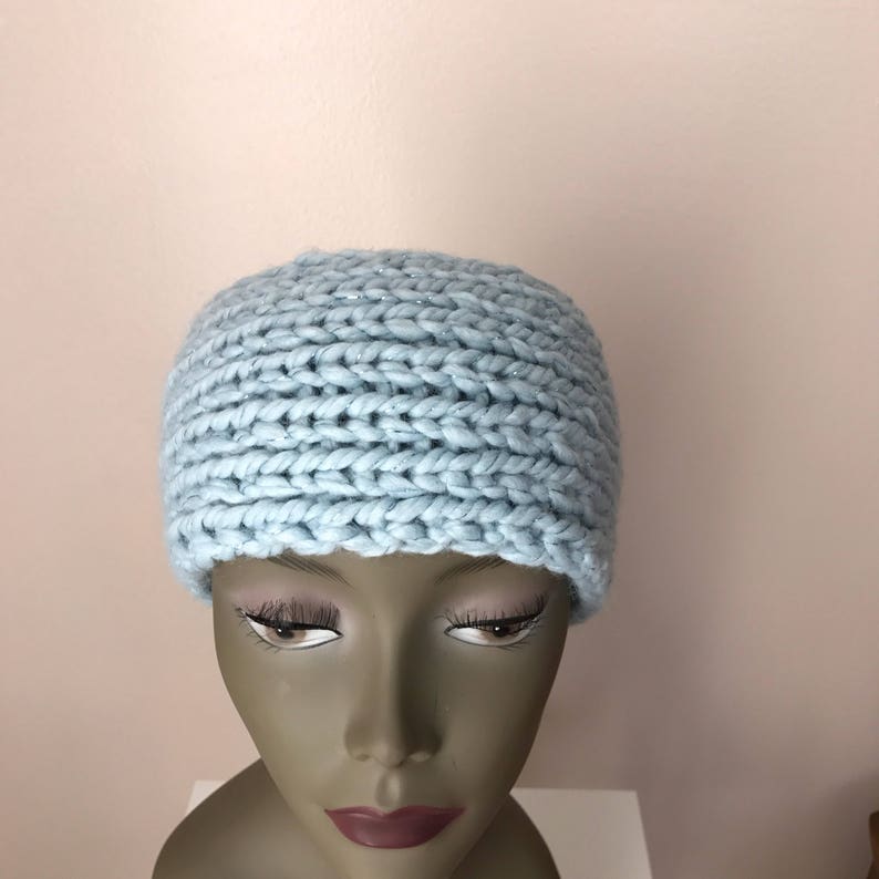 Light Blue Sparkle Head Warmer Women Ear Warmer Hand Knit Headband Chunky Headband Hand Knit Head Warmer Women Head Warmer