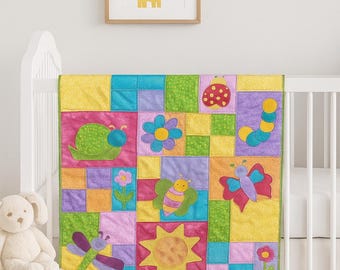 Doodlebugs Baby Quilt Pattern – PDF Appliqué Quilt Pattern for Kids, Nursery or Baby Shower Gift – Instant Download