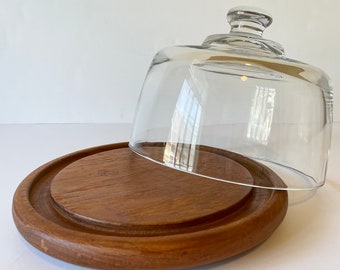 Vintage Teak Cheese Tray with Glass Dome & Cheese Knife