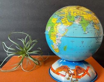 Vintage World Globe Coin Bank: J. Chen Metal Piggy Bank
