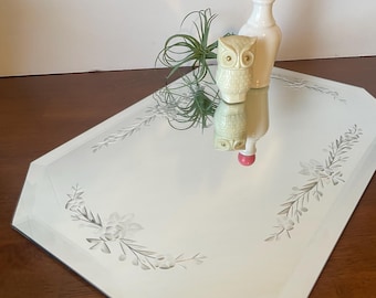 Vintage 1970's Floral Etched Octagon Vanity Mirror - Octagon Shaped