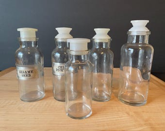 Vintage Glass Spice Herb Storage Jars, Lot of Five