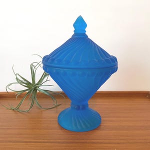Vintage Westmoreland Satin Blue Swirl Apothecary Jar with Lid