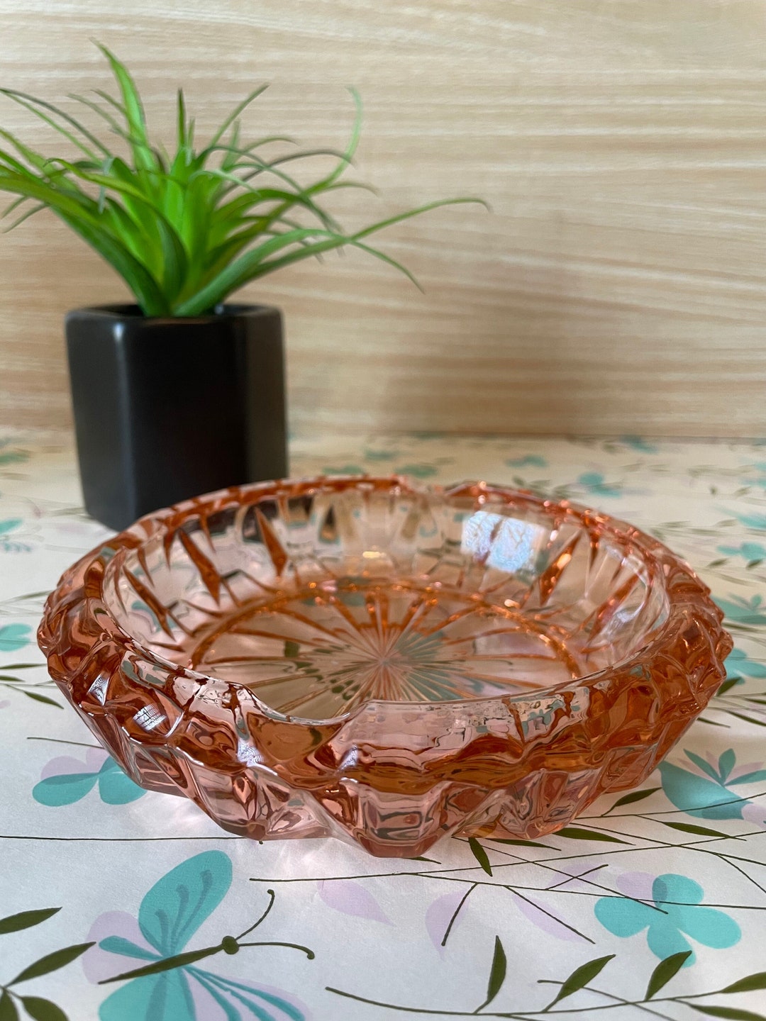 Vintage Peach Pink Round Glass Ashtray Etsy