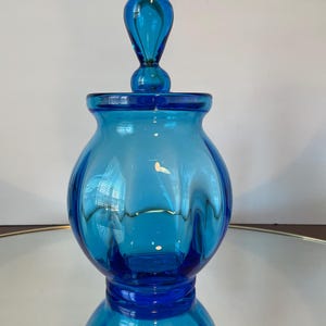 Vintage Peacock Blue Glass Apothecary Jar with Finial Lid