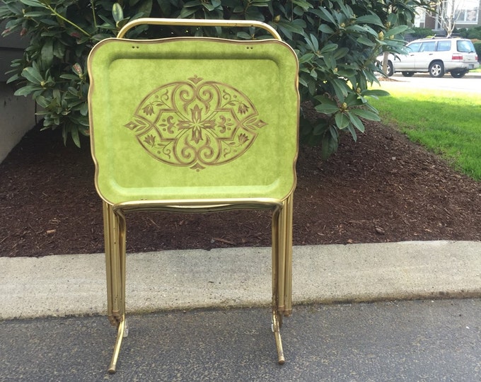 Vintage TV Trays With Stand, Three Green TV Trays, Dinner Trays
