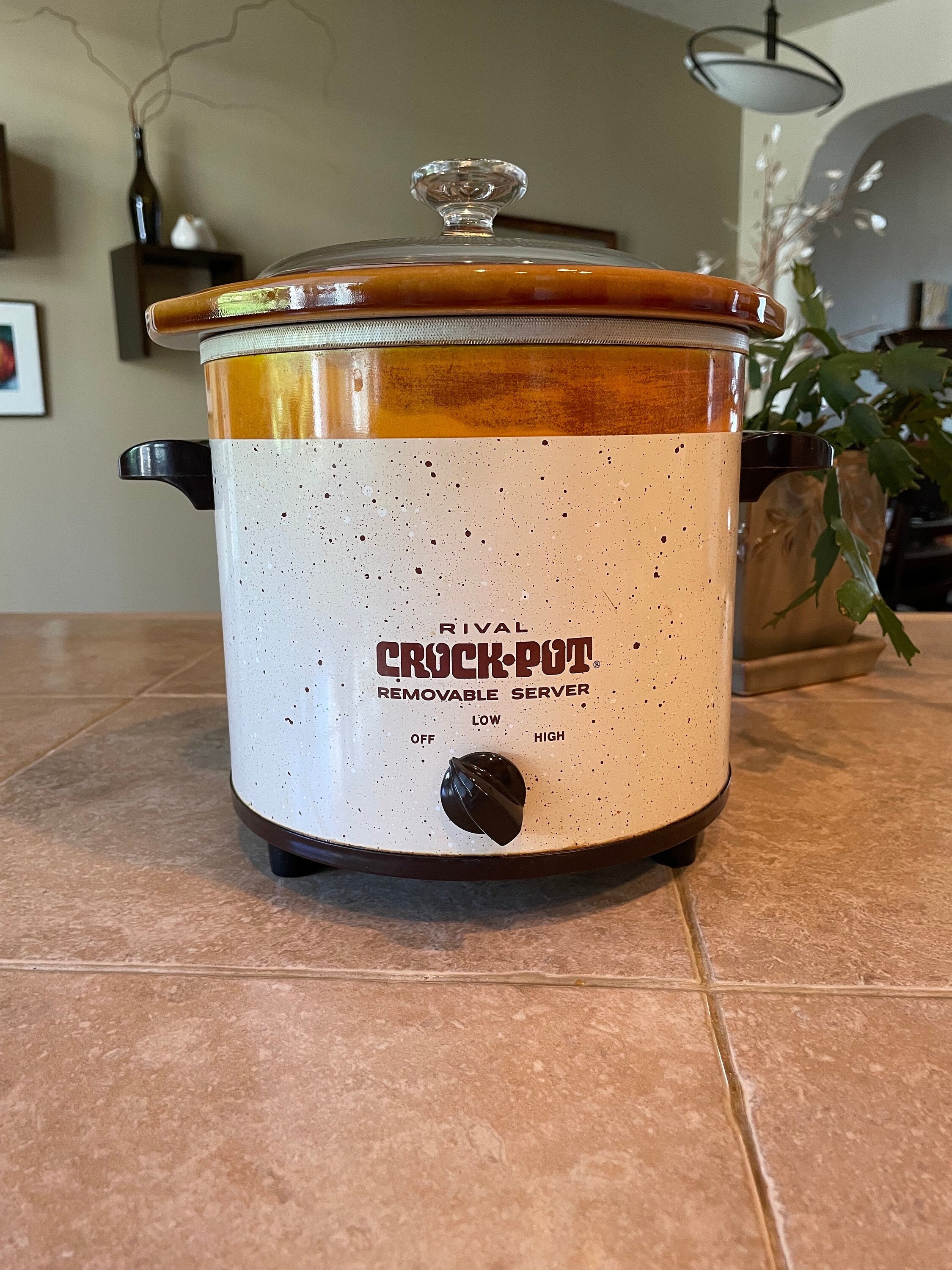 Working, Vintage Rival Slow Cooker Crock Pot With Herb Design, Stoneware  3.5 Qt 3150 Removable Crock With Original Plastic Lid 