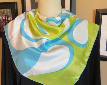 Vintage Blue & Green Square Scarf, Head Scarf