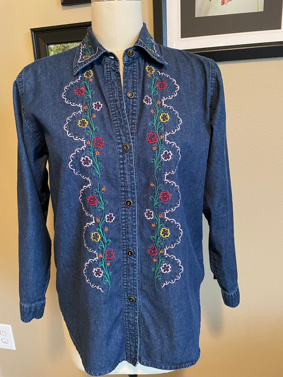 Vintage Denim Embroidered Long Sleeve Ladies Shir… - image 1