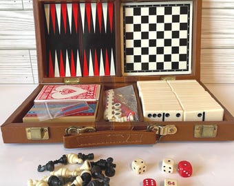 Vintage Travel Game Set, 6 in 1 Game Set with Backgammon, Checkers, Poker, Cribbage in Case