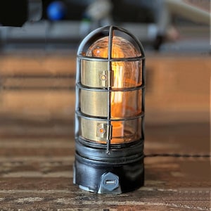 Steampunk Lamp - Tap to Dim Vintage Edison Bulb - Antique Brass Shade - Industrial Light