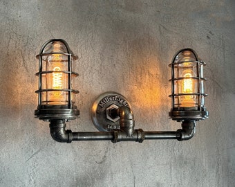 Rustic Industrial Pipe Wall Sconce – Double Cage Light Fixture – Vintage Edison Bulb Lamp  – Lighting for Loft, Man Cave, or Game Room