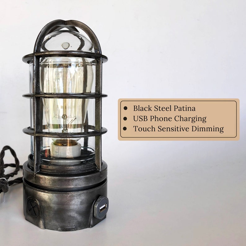 Dimmable Touch Lamp & USB Charger Industrial Nightstand Lamp Etsy