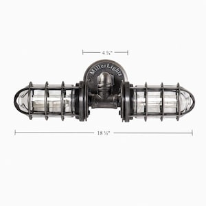 Technical dimension diagram of 'The Joker' double cage vanity light by MillerLights®, showing a total fixture width of 18.5 inches and a 4.75 inch round mounting base plate, against a clean white background.