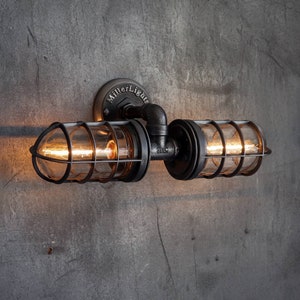 Industrial Wall Sconce Light Fixture – Bathroom Vanity Lighting – Metal Cage Design – Rustic Decor –Farmhouse Pipe Lighting – Antique Finish