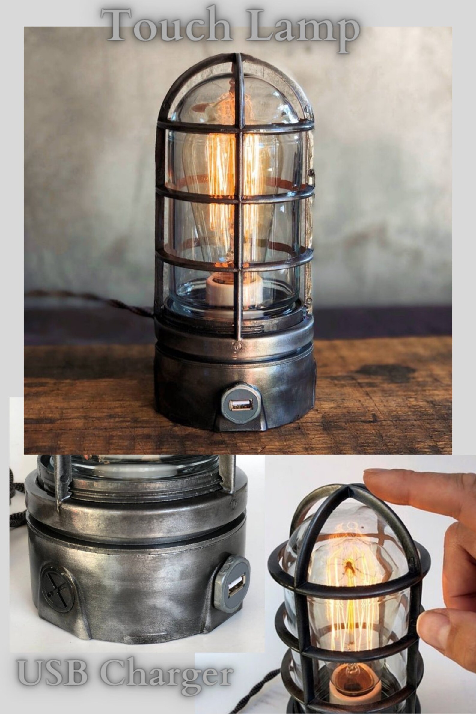 Bedside 3 Way Touch Lamp USB Charger / Dimmable Cage Lamp / Etsy