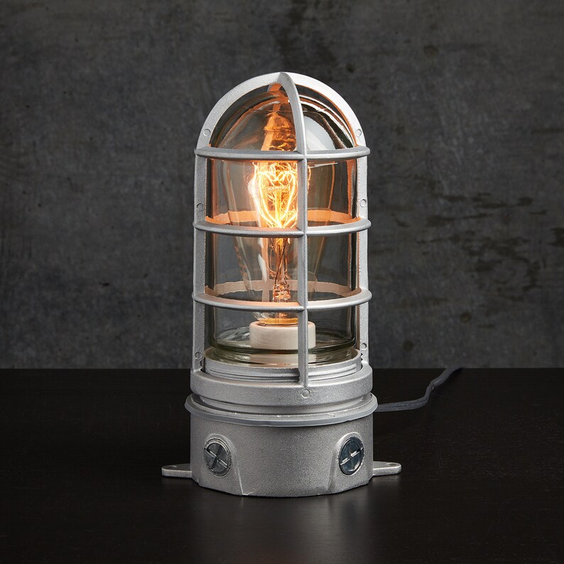 Gray Industrial Table Lamp With Touch Dimmer And Usb Port Solid Vapor Tight Nautical Cage Light Edison Steampunk 120v 240v