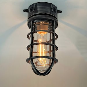 Vintage Flush Mount Caged Ceiling Light Fixture – Nautical Style Overhead Ship Light - Outdoor Industrial Lighting