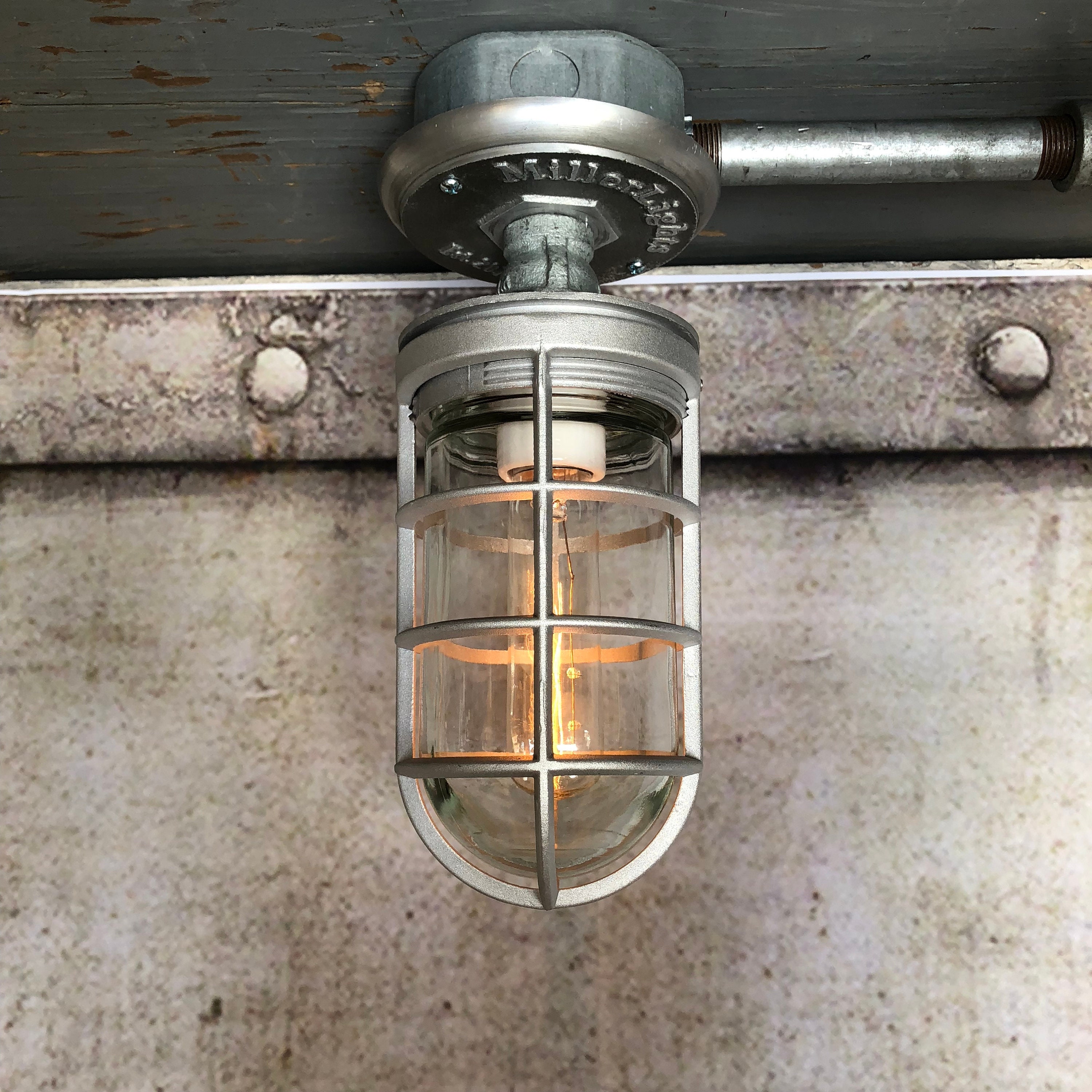 Industrial Flush Mount Gray Galvanized Nautical Cage Ceiling Light Fixture