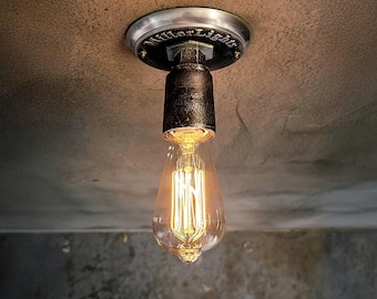 Vintage Industrial Flush Mount Ceiling Light - Minimalist Rustic Bare Bulb Accent Lamp