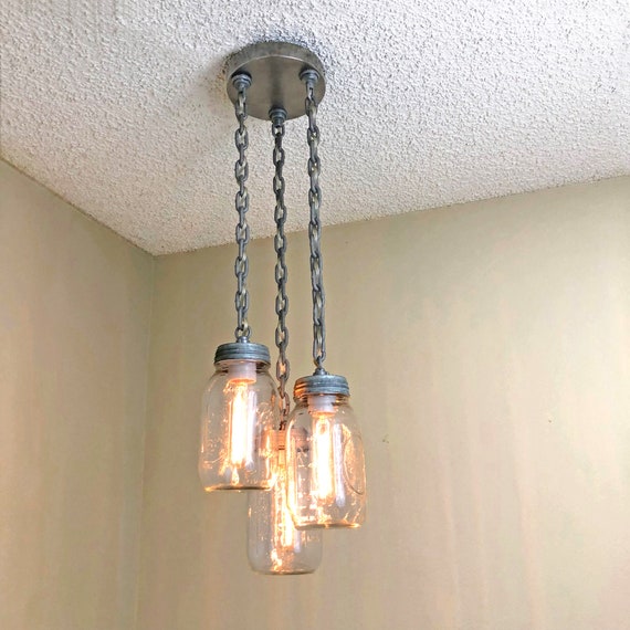 3 Light Pendant Chandelier Mason Jar Hanging Light Triple Chain Ceiling Fixture Foyer Lighting Industrial Ceiling Light Farmhouse Decor