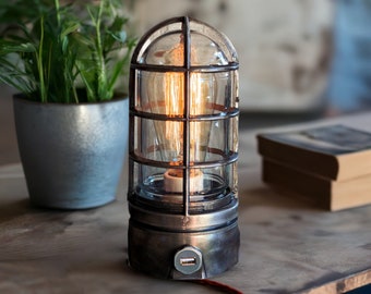 The Cage Lamp - Dimmable with Edison Bulb - Industrial Steampunk Side Table Decor