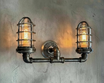 Handmade Industrial Pipe Double Cage Wall Sconce - Edison Bulb Fixture