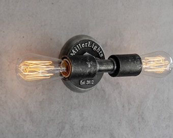 Industrial Pipe Wall Sconce – 2-Bulb Edison Lamp – Rustic Bathroom Vanity or Mirror Light