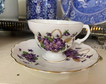 Violet Basket Tea Cup and Saucer England Bone China