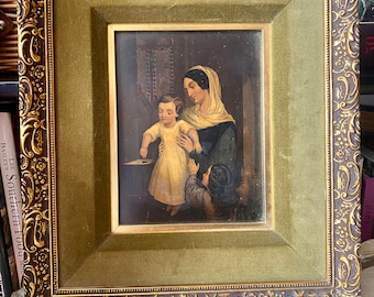 Italian Framed Print Woman and Child Under Glass Gold Wood Frame Velvet Matting Around Print Ready to Hang
