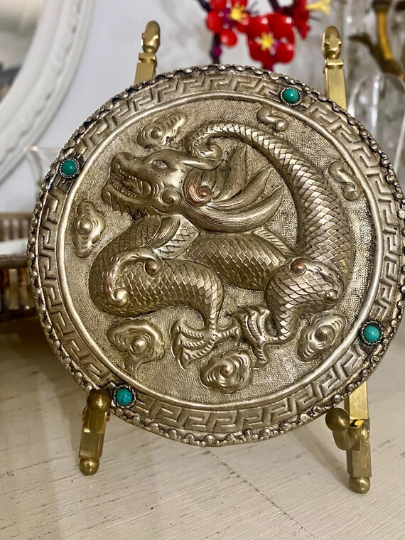 Silver over Copper Dragon Box: Turquoise Glass St… - image 3
