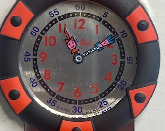 Swatch Watch Swiss Made For Children Flik Flak IOB 1997 Red Black Velcro Strap