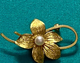 Small/ Tiny Flower Brooch Seed pearl Signed wells 14 K GF