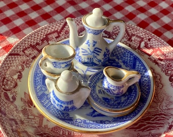 Miniature Blue White Tea Set Blue Bird Pattern Transferware 10 Pieces