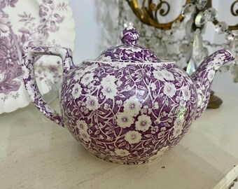 Staffordshire Purple Mulberry  Rare Burleigh Calico Large Size Teapot Transferware Made in England