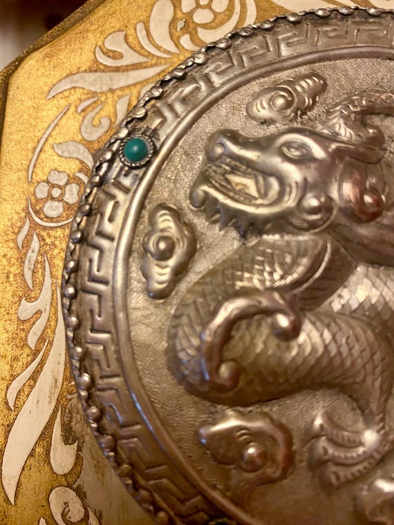 Silver over Copper Dragon Box: Turquoise Glass St… - image 6