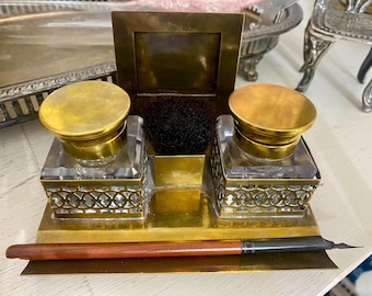 Antique Double Ink Well Gilded Brass Set Brush and Dip Pen Included