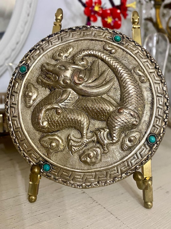Silver over Copper Dragon Box: Turquoise Glass St… - image 1