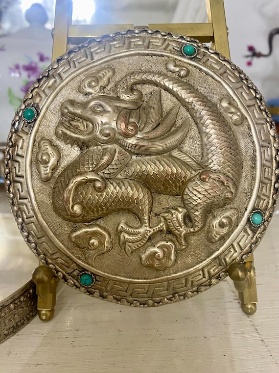 Silver over Copper Dragon Box: Turquoise Glass St… - image 5