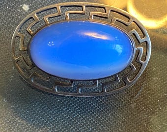 Greek Key Design Vibrant Blue Moonstone Brooch Marked Sterling Small Brooch